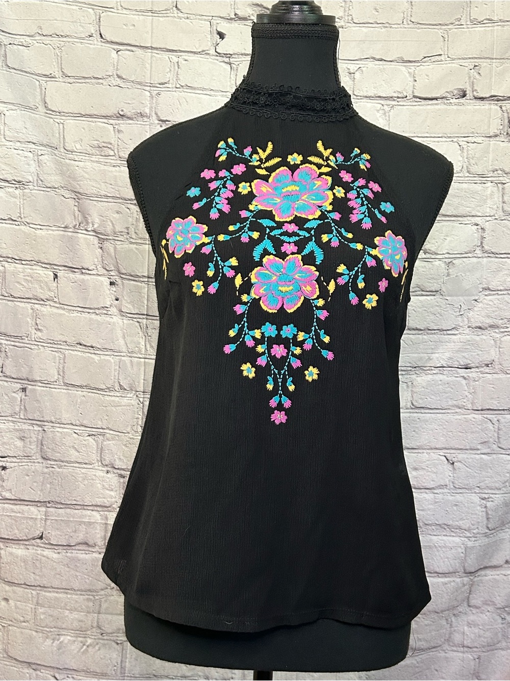 About A Girl Black Lace Neck Camisole with Bright Floral Embroidery